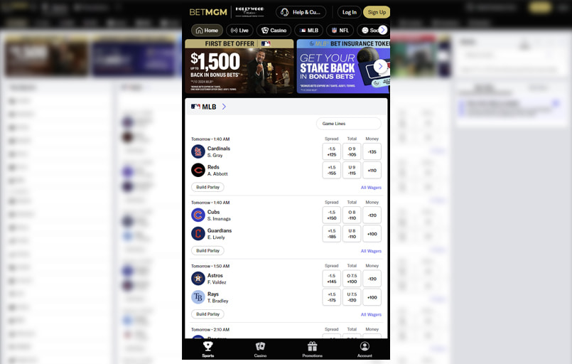 The BetMGM mobile interface.